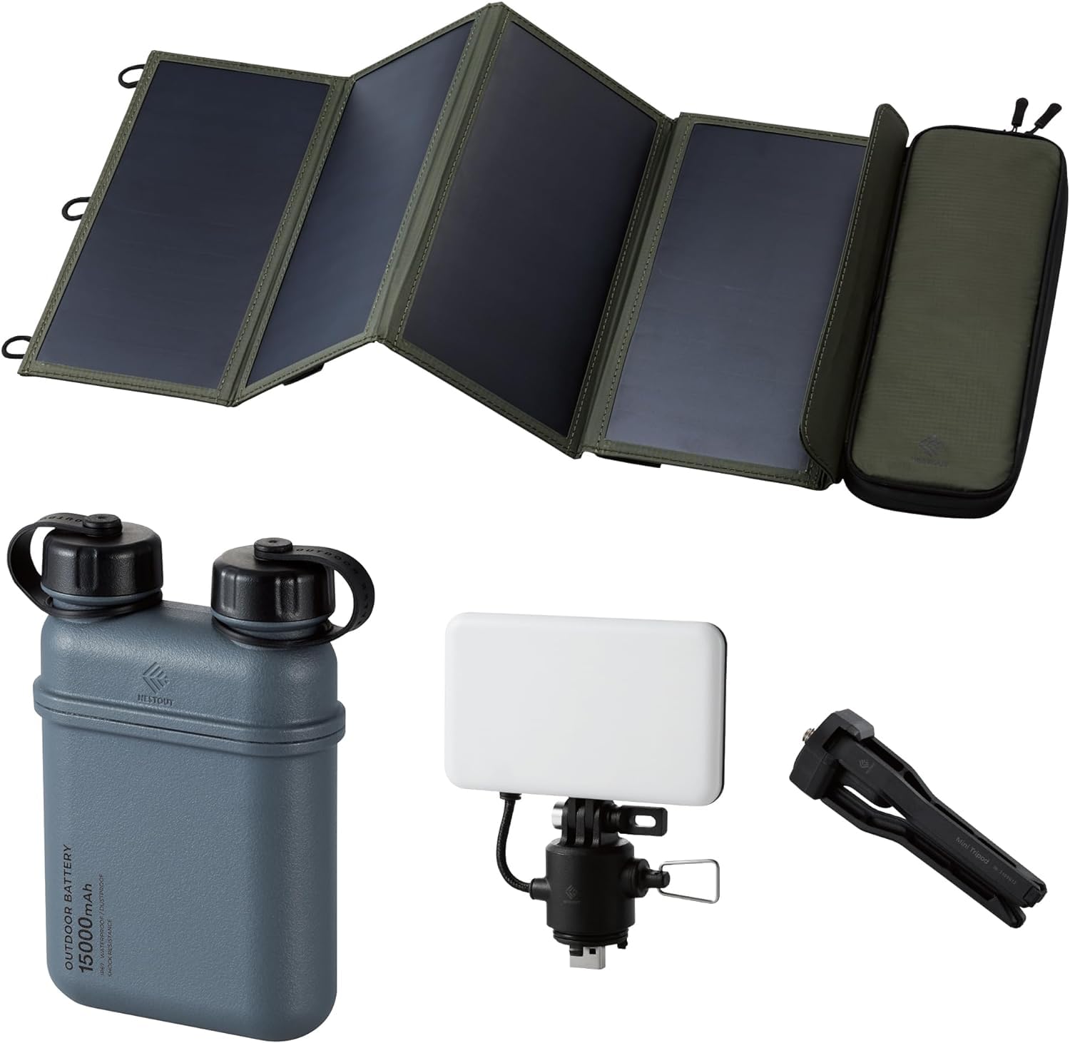 ELECOM NESTOUT 15000mAh Outdoor Power Bank + 4-Panel Solar Panel Charger + Flash-1 LED Flash Light Panel 1000 Lumen - Bl