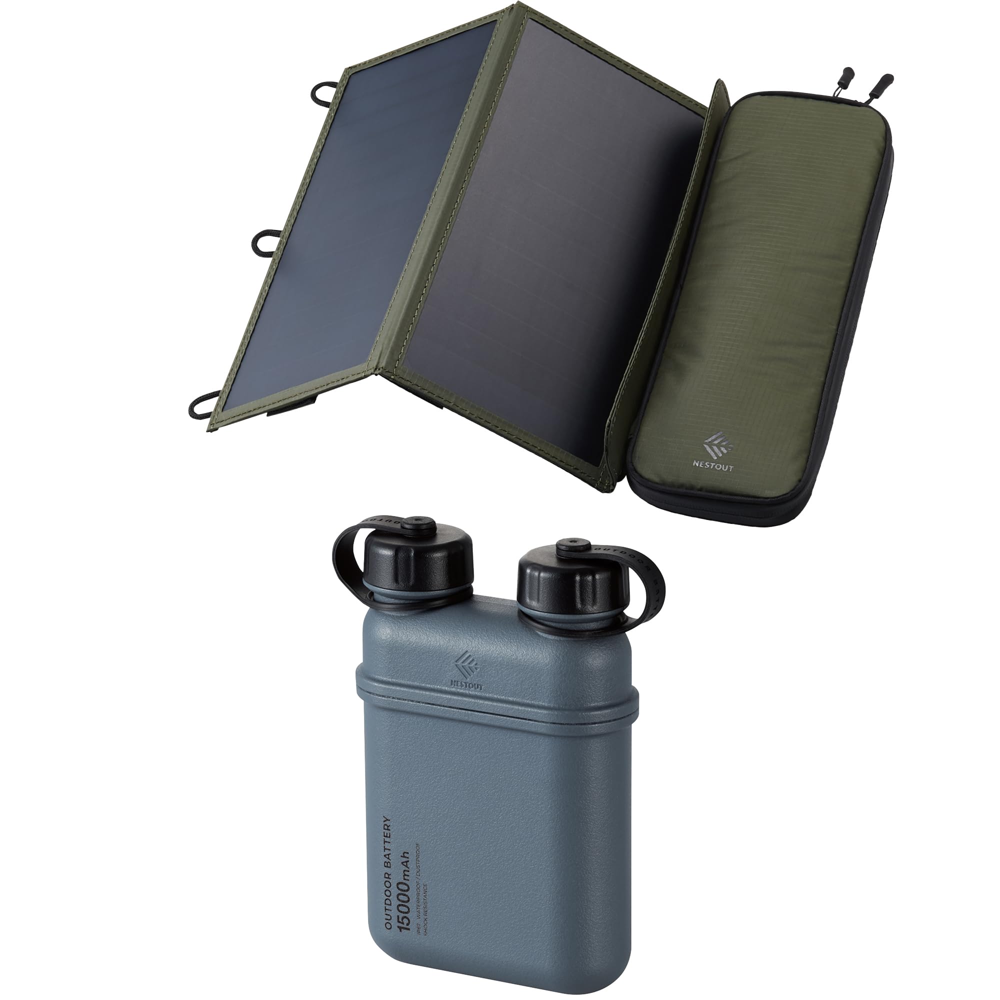 ELECOM NESTOUT 2-Panel Solar Panel Charger + 15000mAh Outdoor Power Bank for Camping and Hiking - Fast Charging, Portab