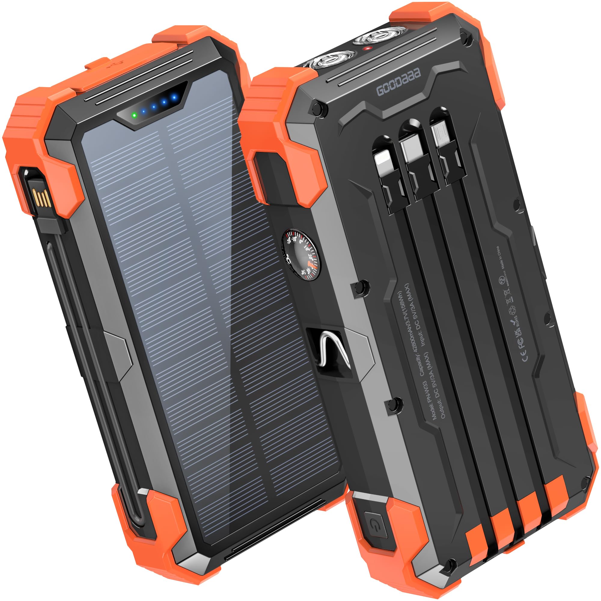 GOODaaa 42800mAh Portable Charger with 15W Fast Charging and Thermometer, SOS/Strobe Flashlights, Carabiner for Hiking a